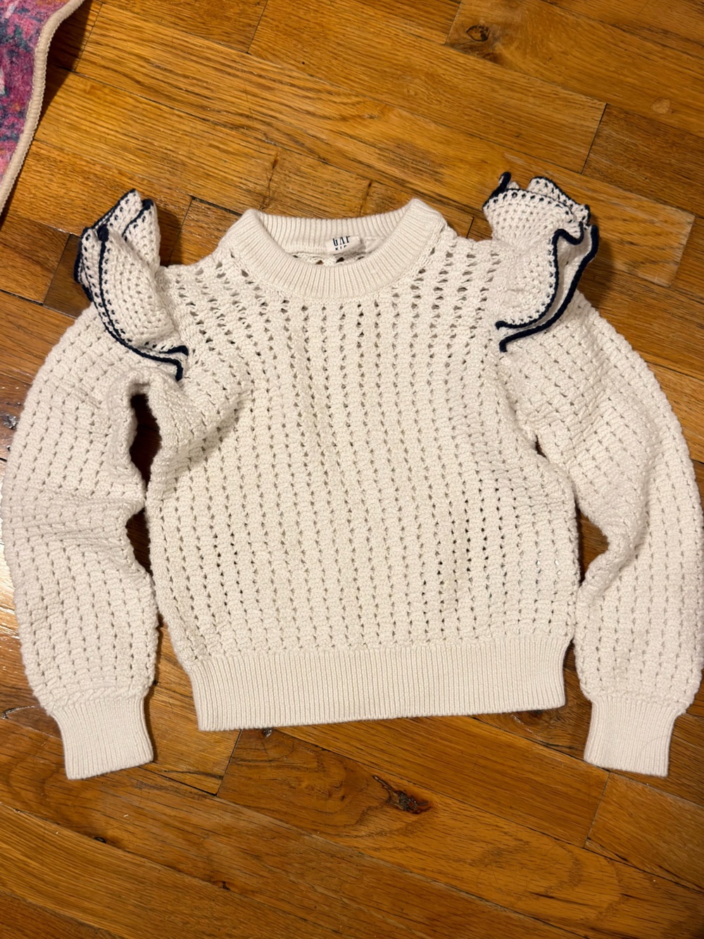 GAP Cream Open-Weave Sweater with Navy Ruffle Trim